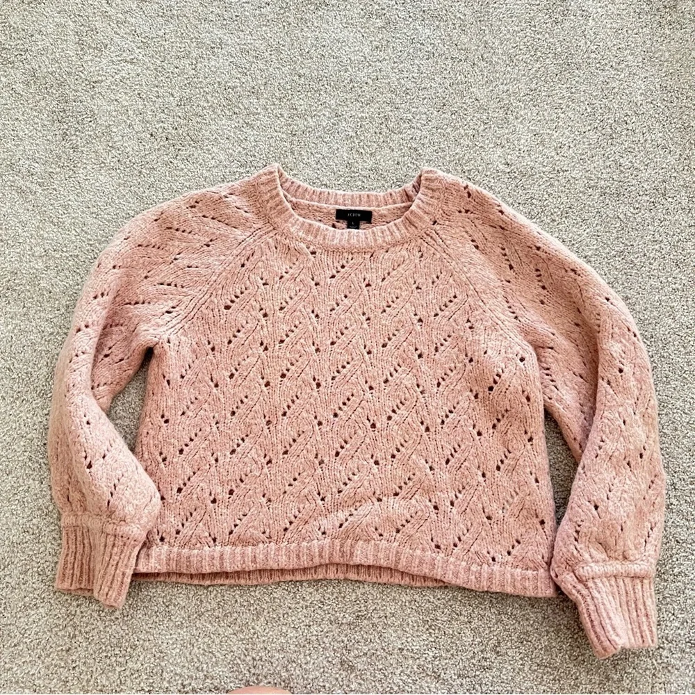 J. Crew Pointelle Crewneck Open Knit Pink Wool Sweater - Picture 5 of 8